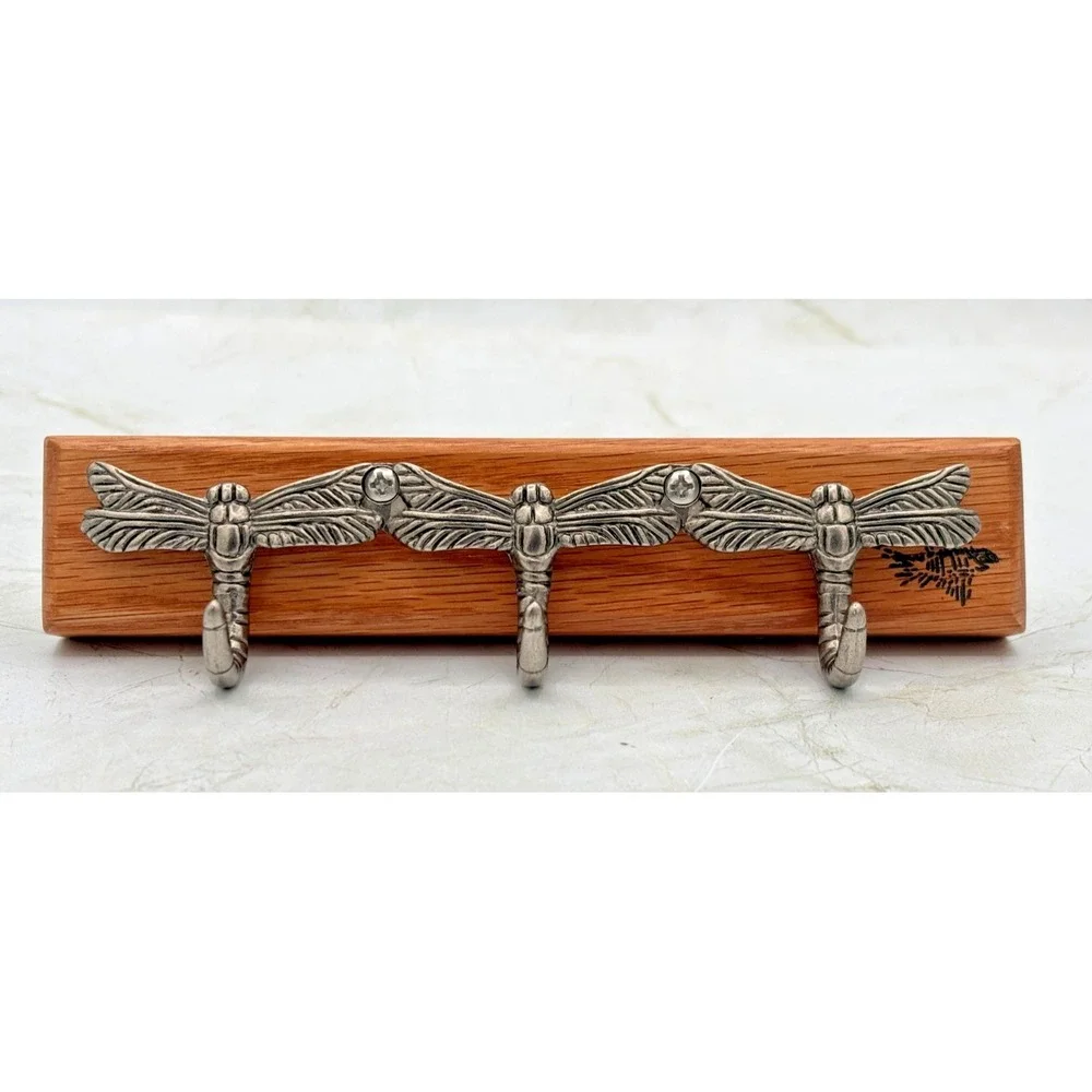 Artisan Signed Oak Dragonfly 3 Hook Key Rack Handmade 2024 Bradenton FL Bonefish